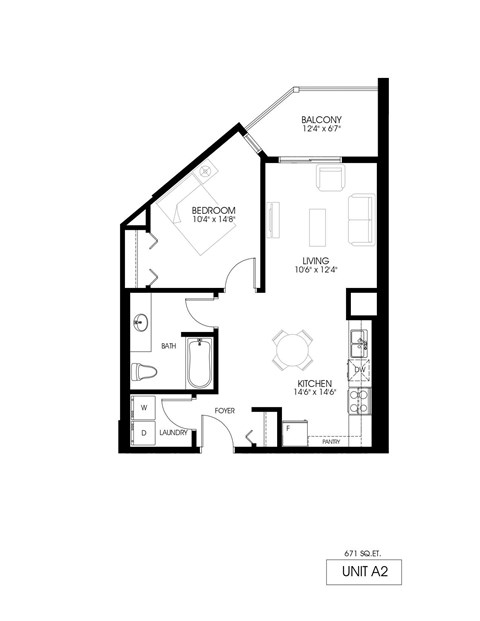 Floor plan for 1 bed, 1 bath, 671 sqft